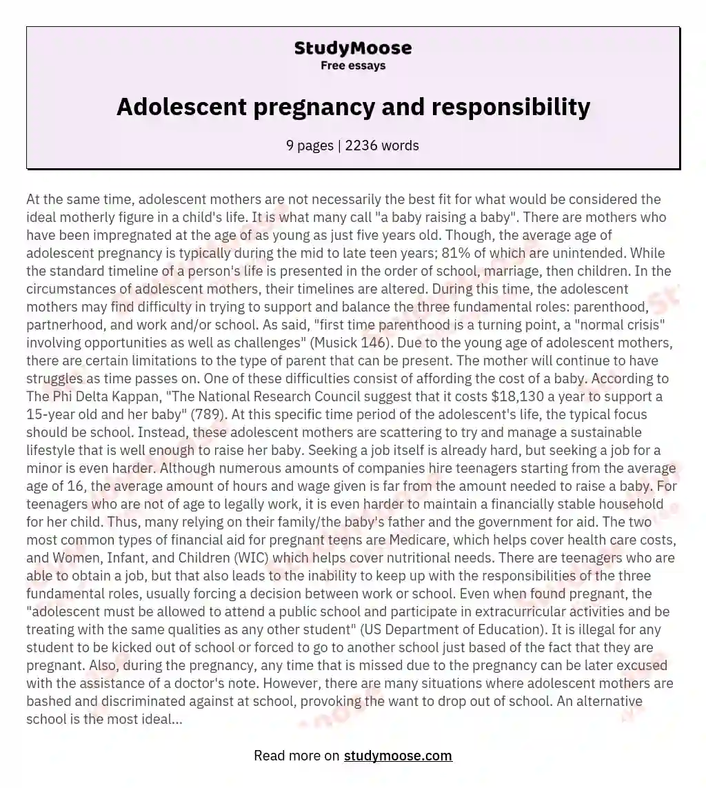Adolescent pregnancy and responsibility essay