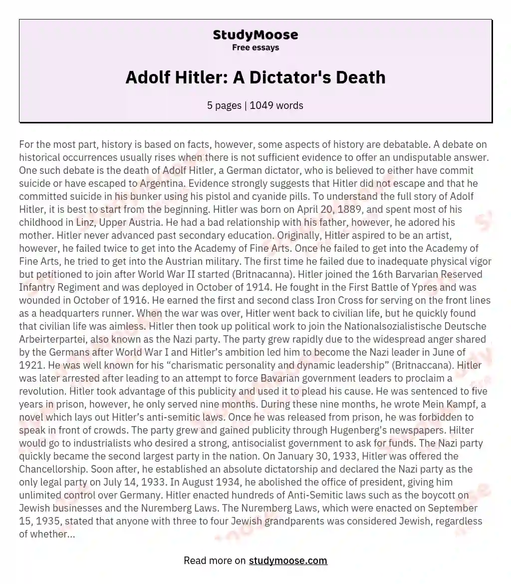 Adolf Hitler: A Dictator's Death essay