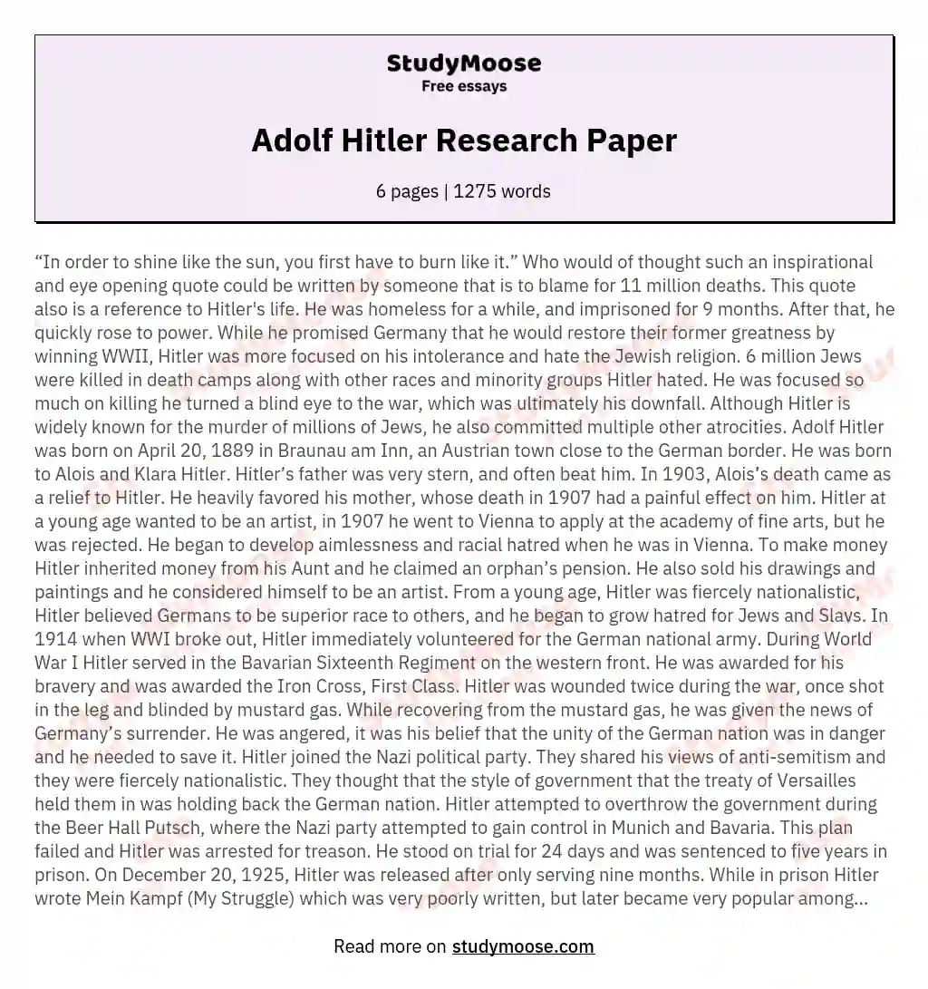 Adolf Hitler Research Paper essay