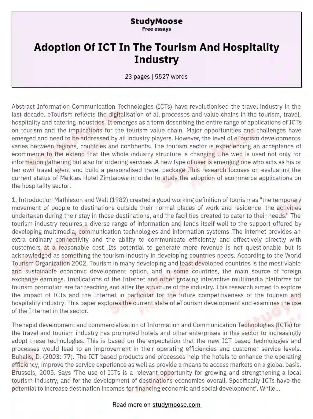 Adoption Of ICT In The Tourism And Hospitality Industry essay