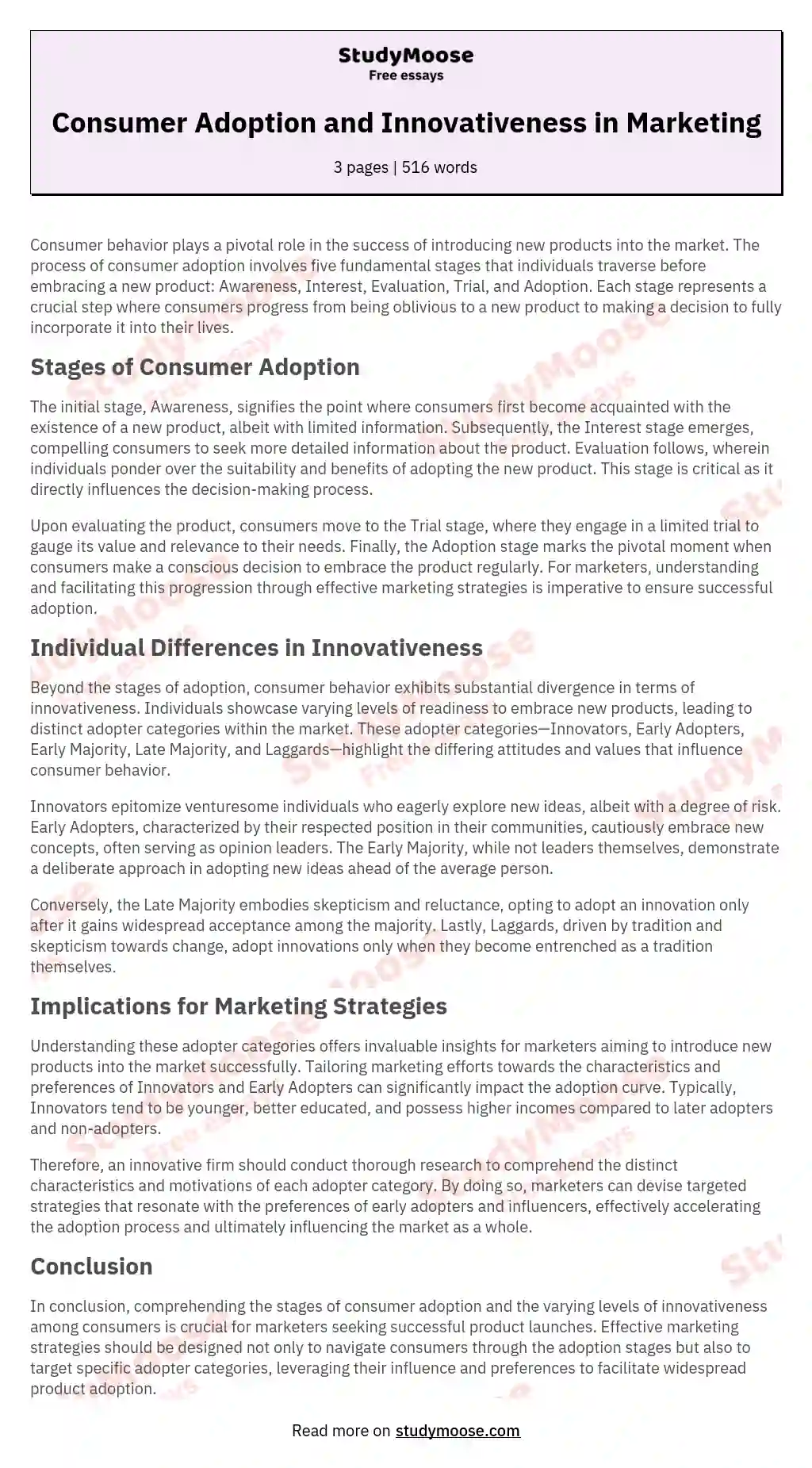 Consumer Adoption and Innovativeness in Marketing essay