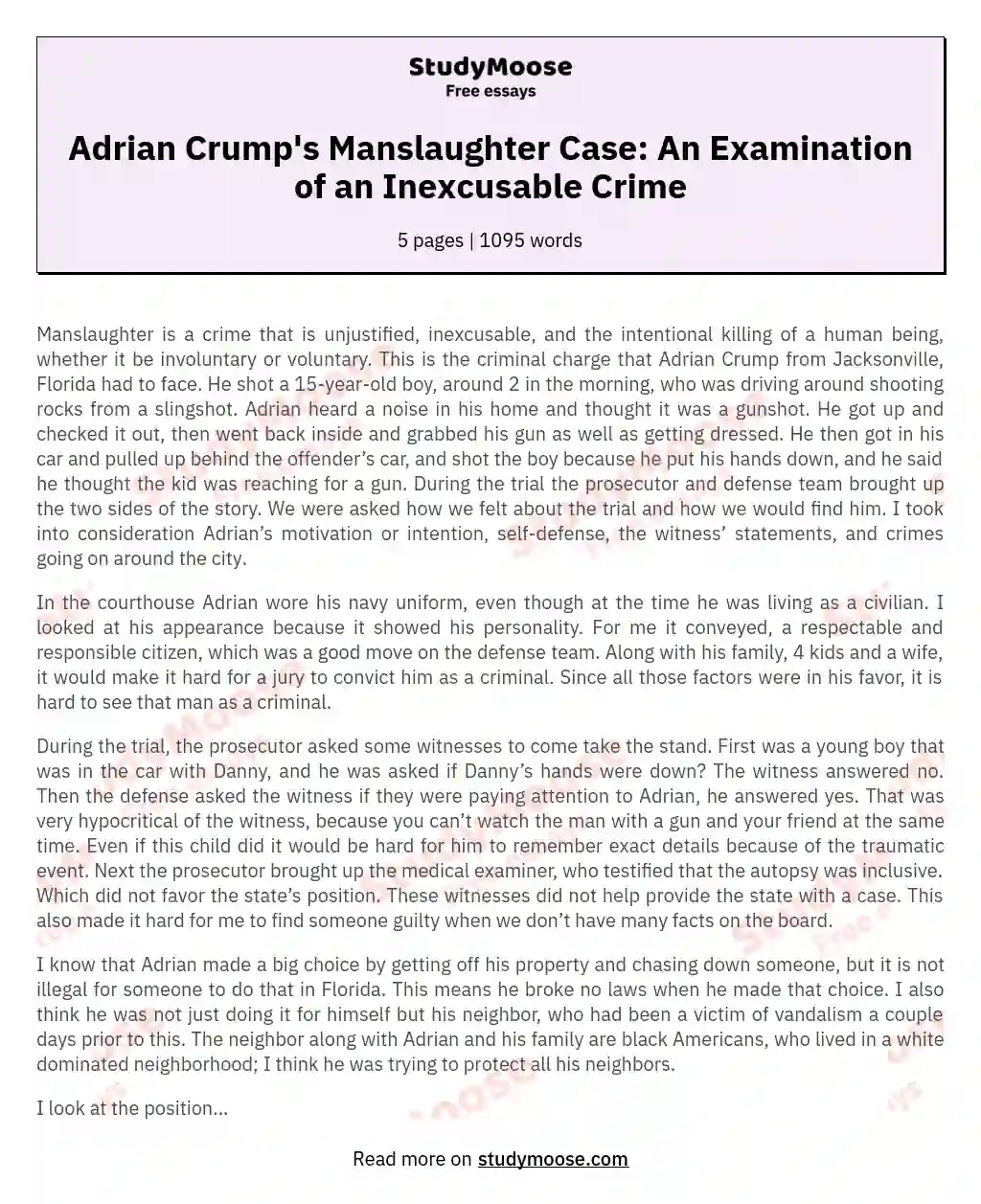 Adrian Crump's Manslaughter Case: An Examination of an Inexcusable Crime essay