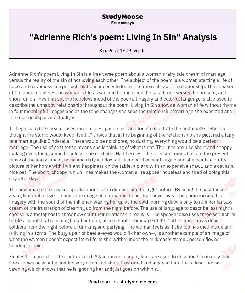 "Adrienne Rich's poem: Living In Sin" Analysis essay