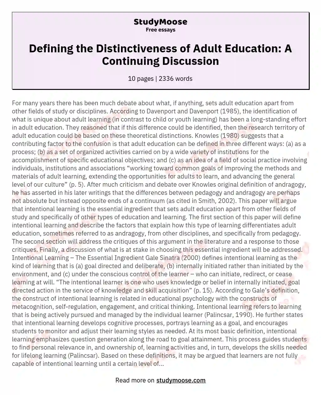 Defining the Distinctiveness of Adult Education: A Continuing Discussion
