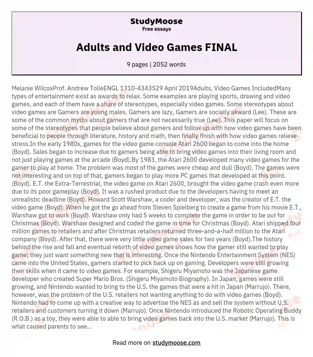 Adults and Video Games FINAL essay