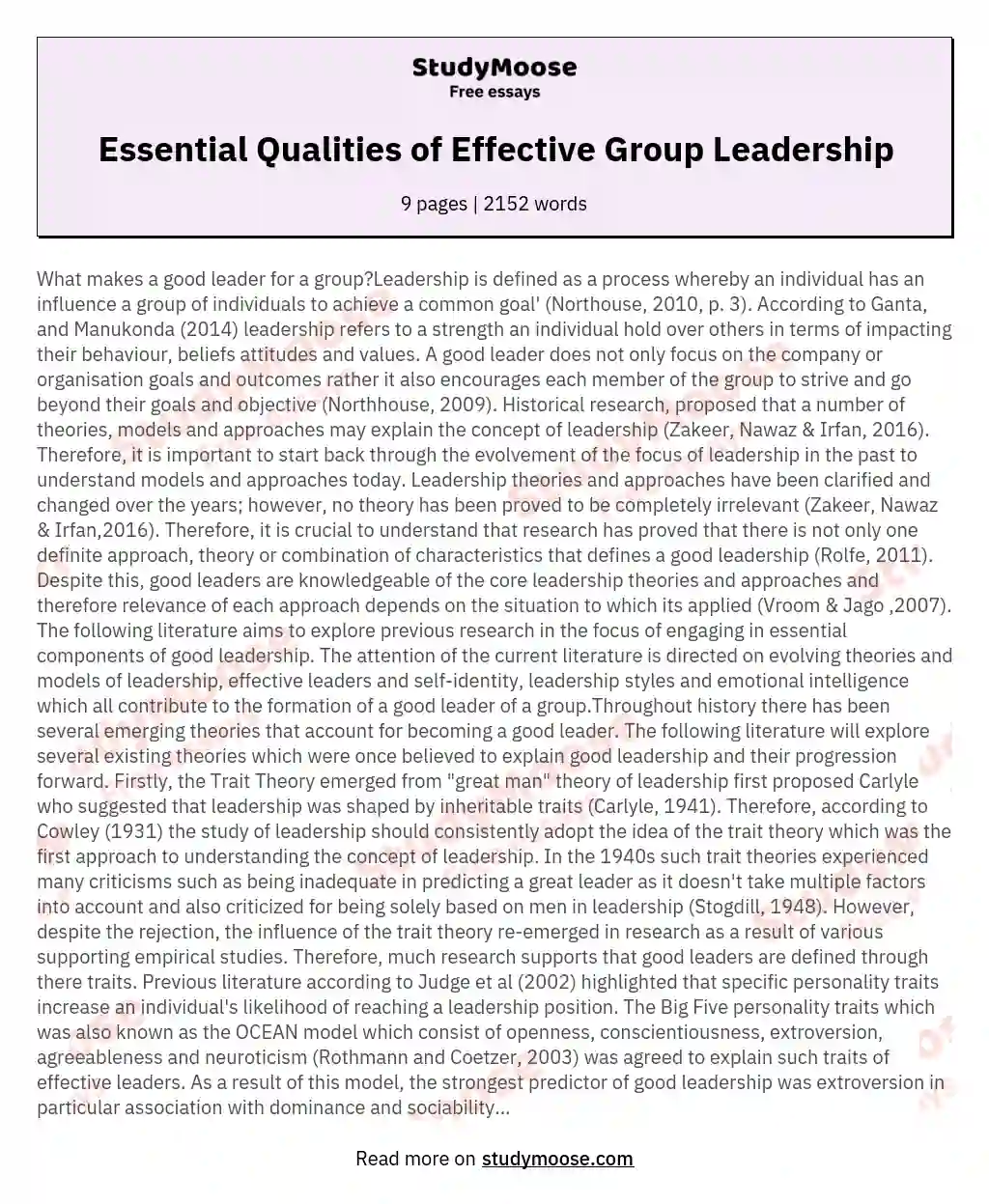 Essential Qualities of Effective Group Leadership essay