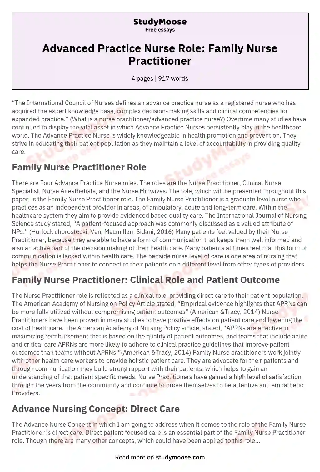 Advanced Practice Nurse Role: Family Nurse Practitioner