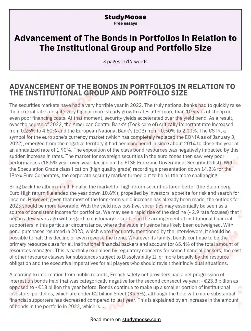 Advancement of The Bonds in Portfolios in Relation to The Institutional Group and Portfolio Size essay