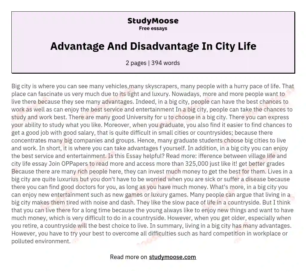 Advantage And Disadvantage In City Life essay