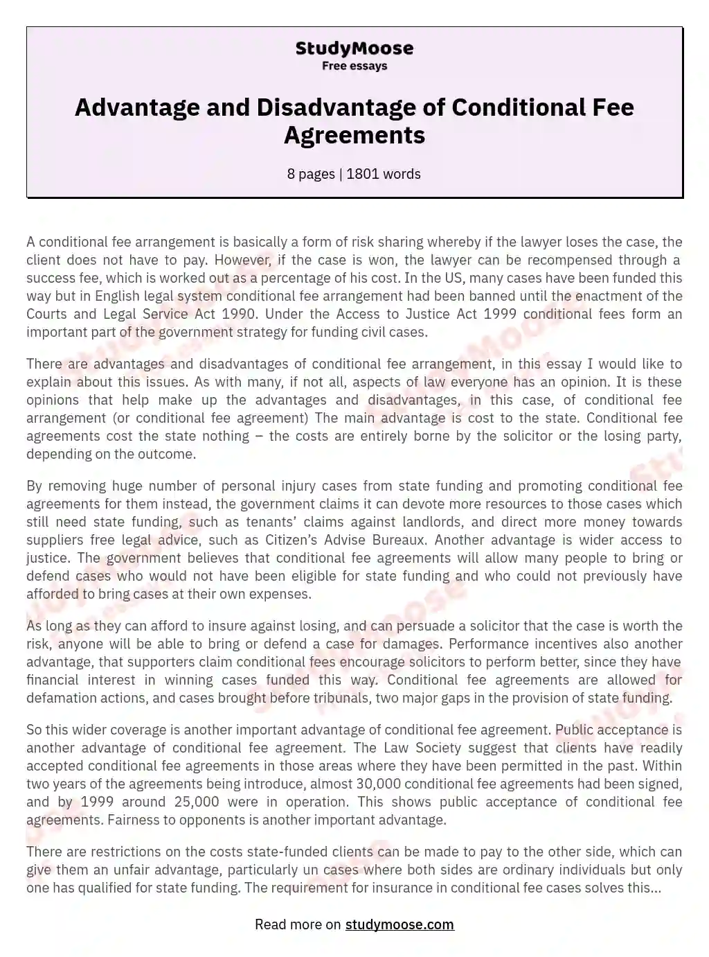 Advantage and Disadvantage of Conditional Fee Agreements essay