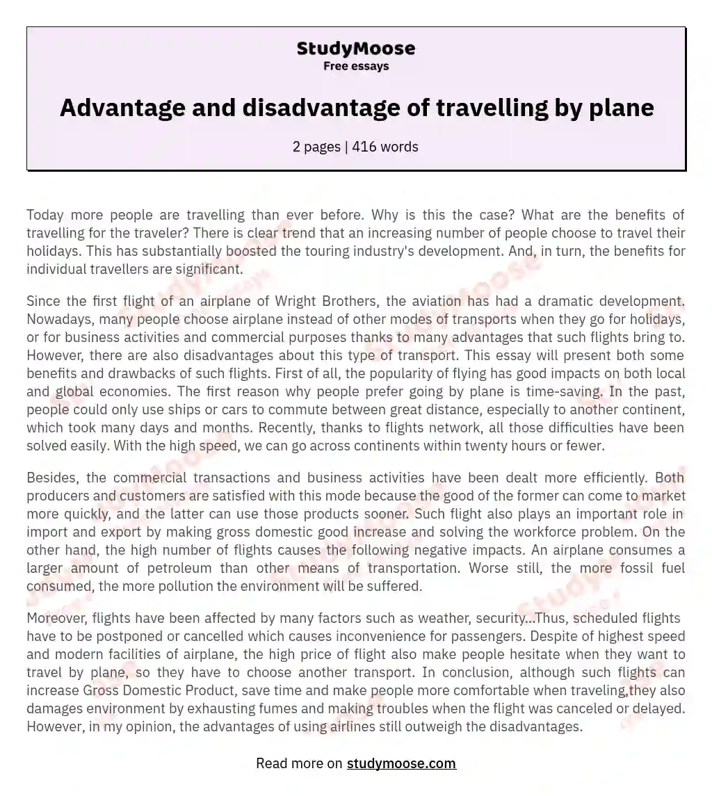 Advantage and disadvantage of travelling by plane essay