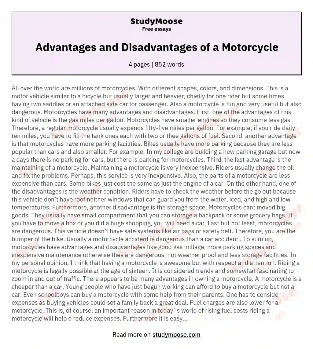 Advantages and Disadvantages of a Motorcycle essay