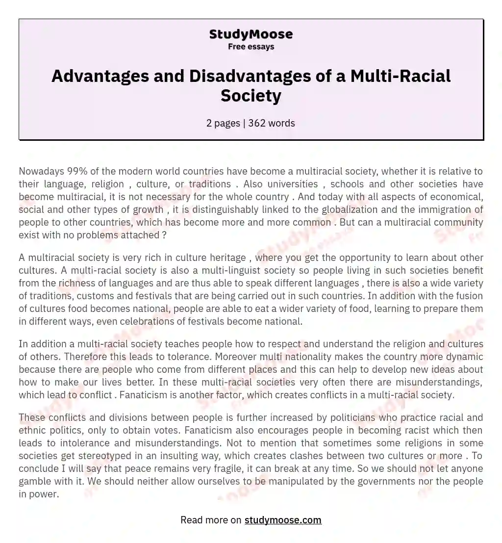 Advantages and Disadvantages of a Multi-Racial Society essay