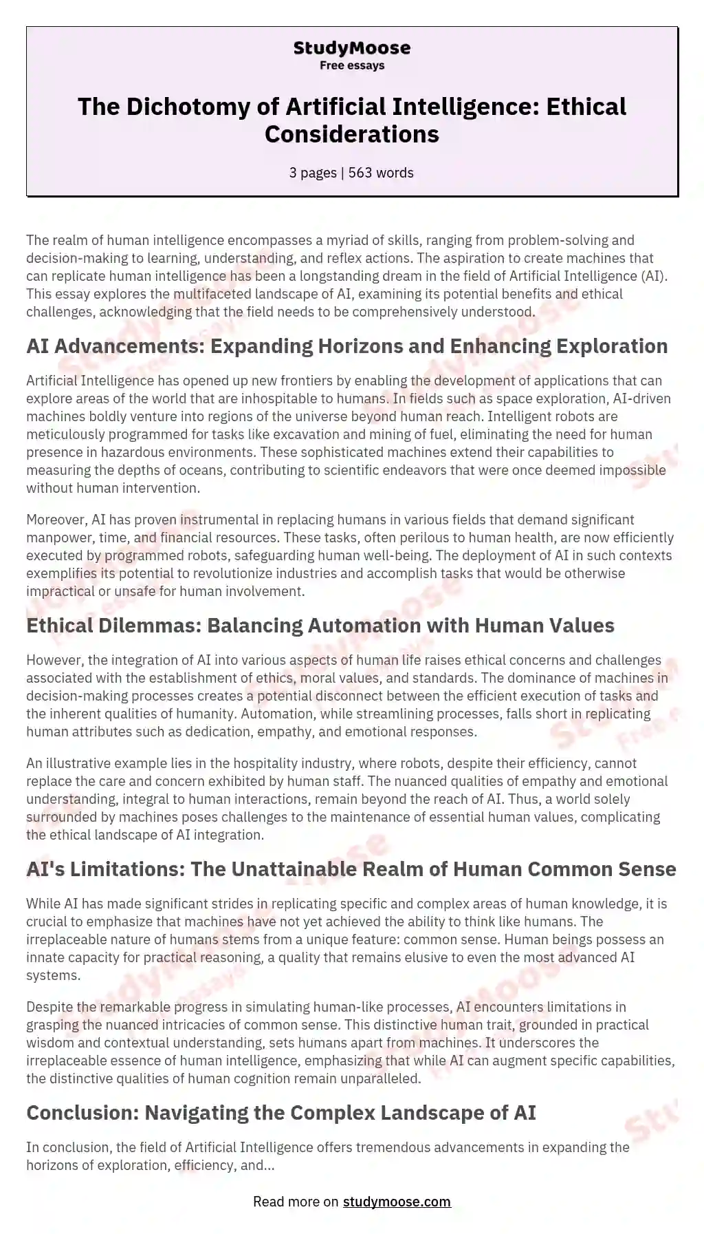 The Dichotomy of Artificial Intelligence: Ethical Considerations essay