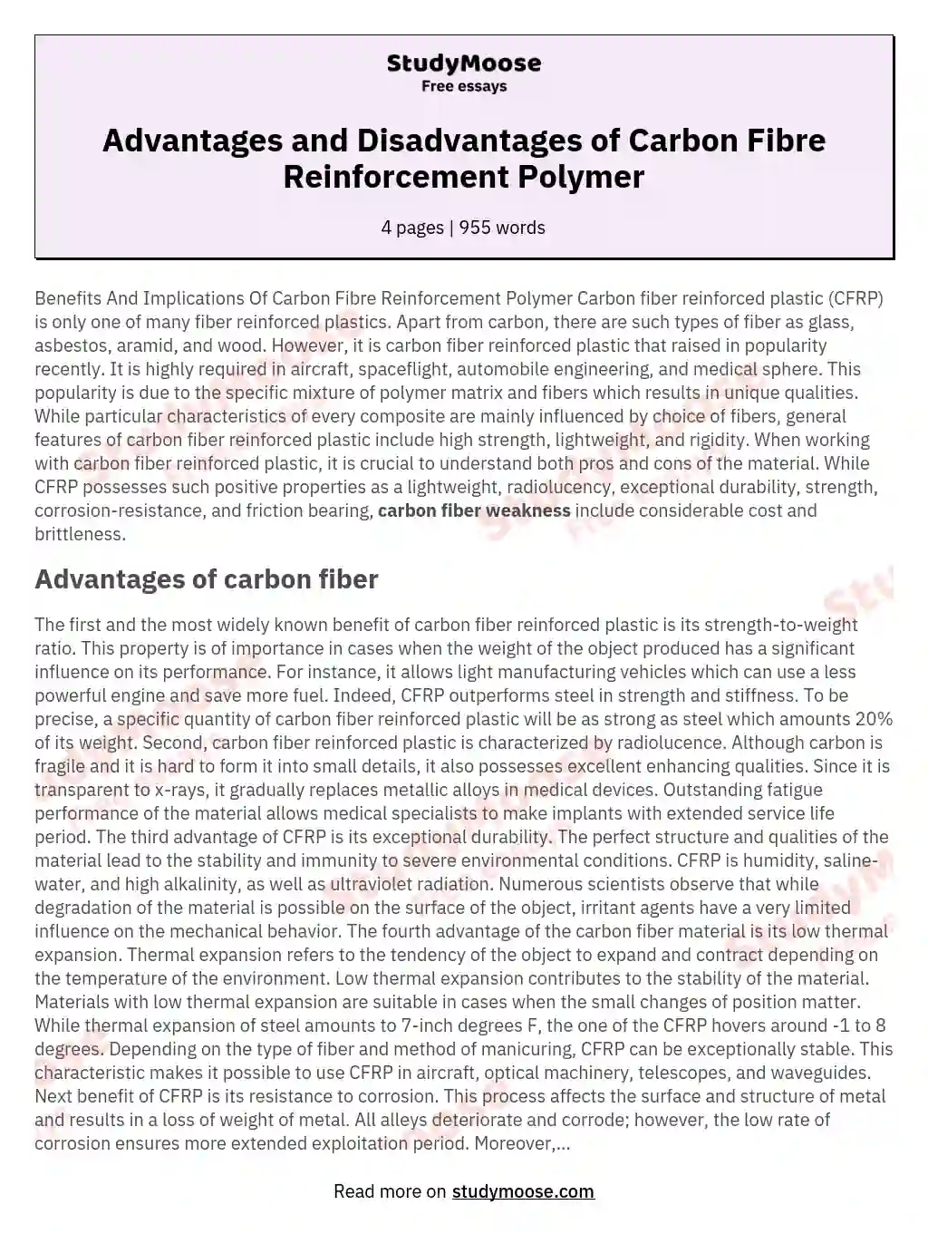 Advantages and Disadvantages of Carbon Fibre Reinforcement Polymer essay