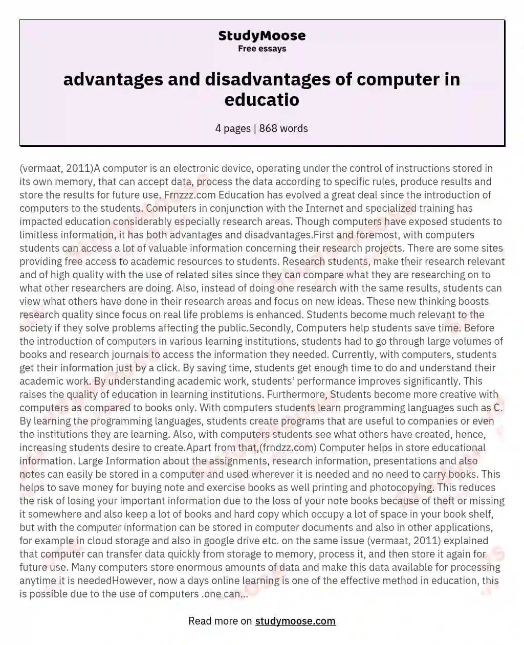 advantages and disadvantages of computer in educatio essay