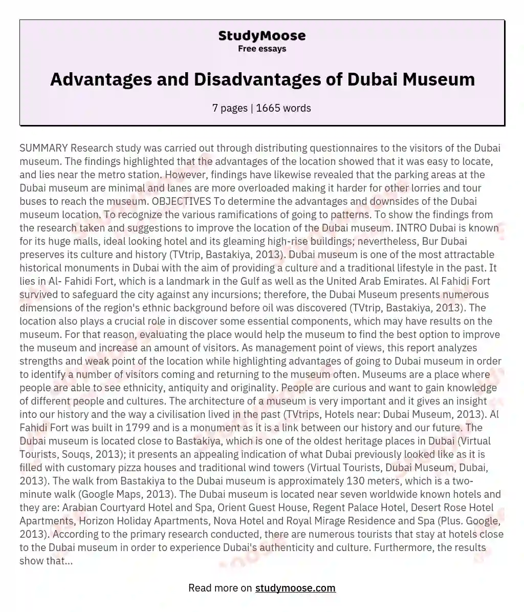 Advantages and Disadvantages of Dubai Museum essay