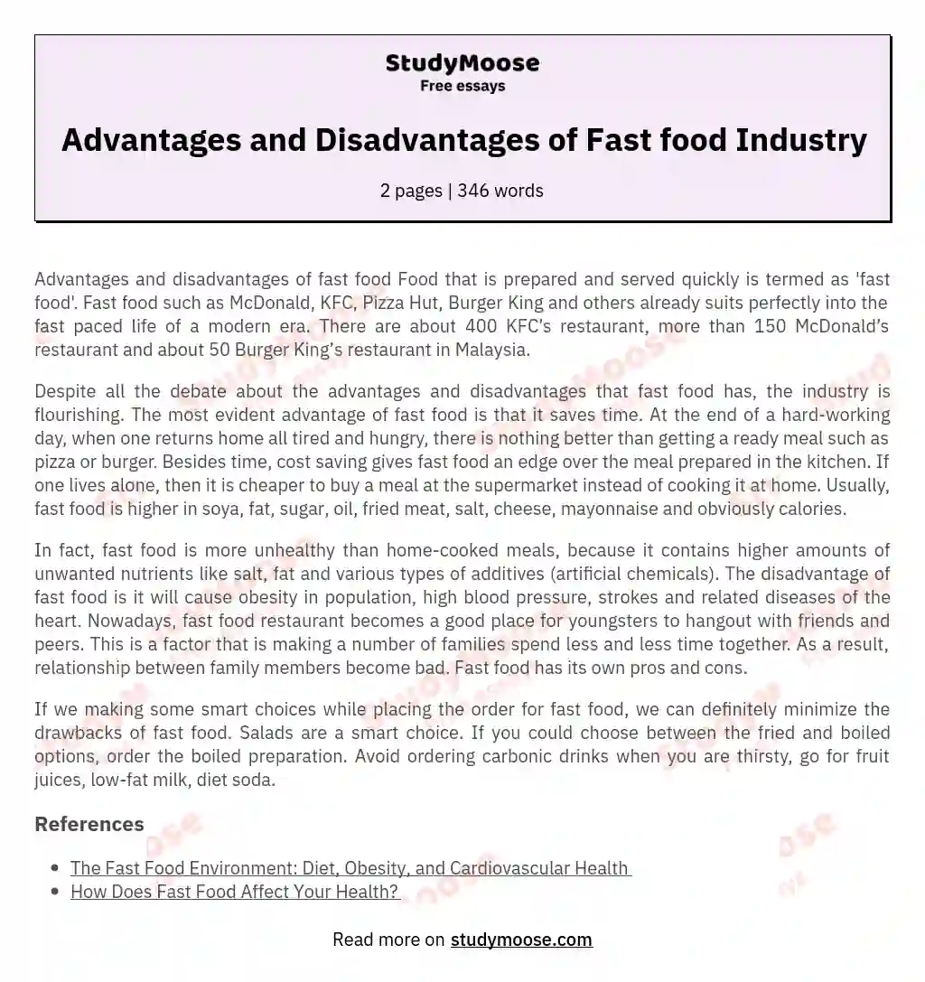 Advantages and Disadvantages of Fast food Industry essay
