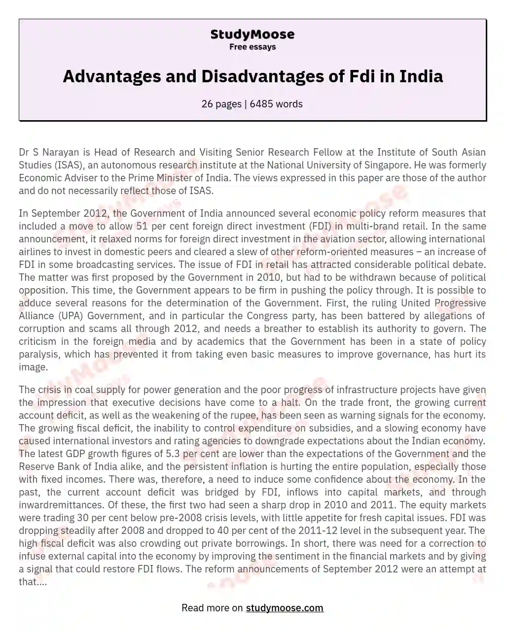 Advantages and Disadvantages of Fdi in India essay