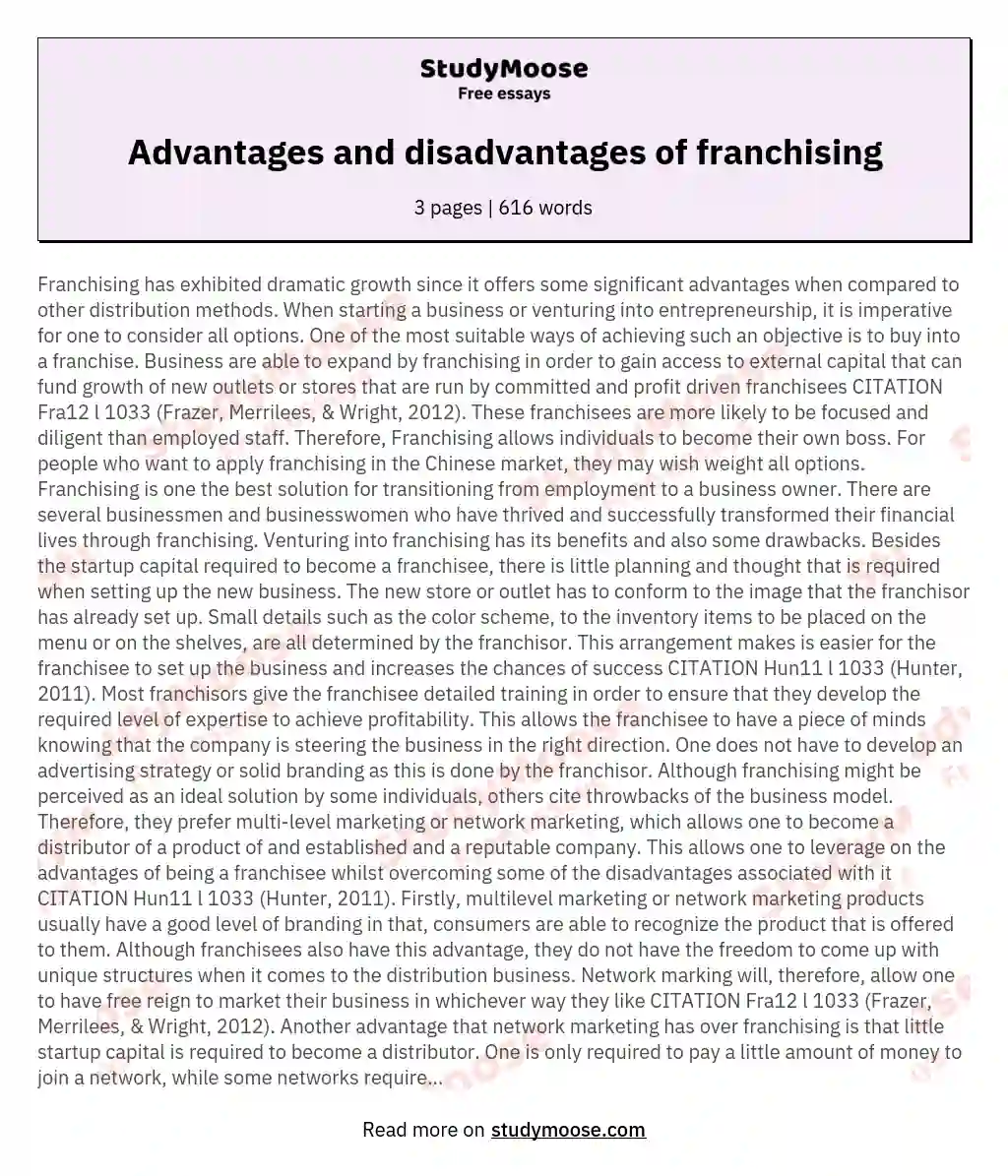 Advantages and disadvantages of franchising essay