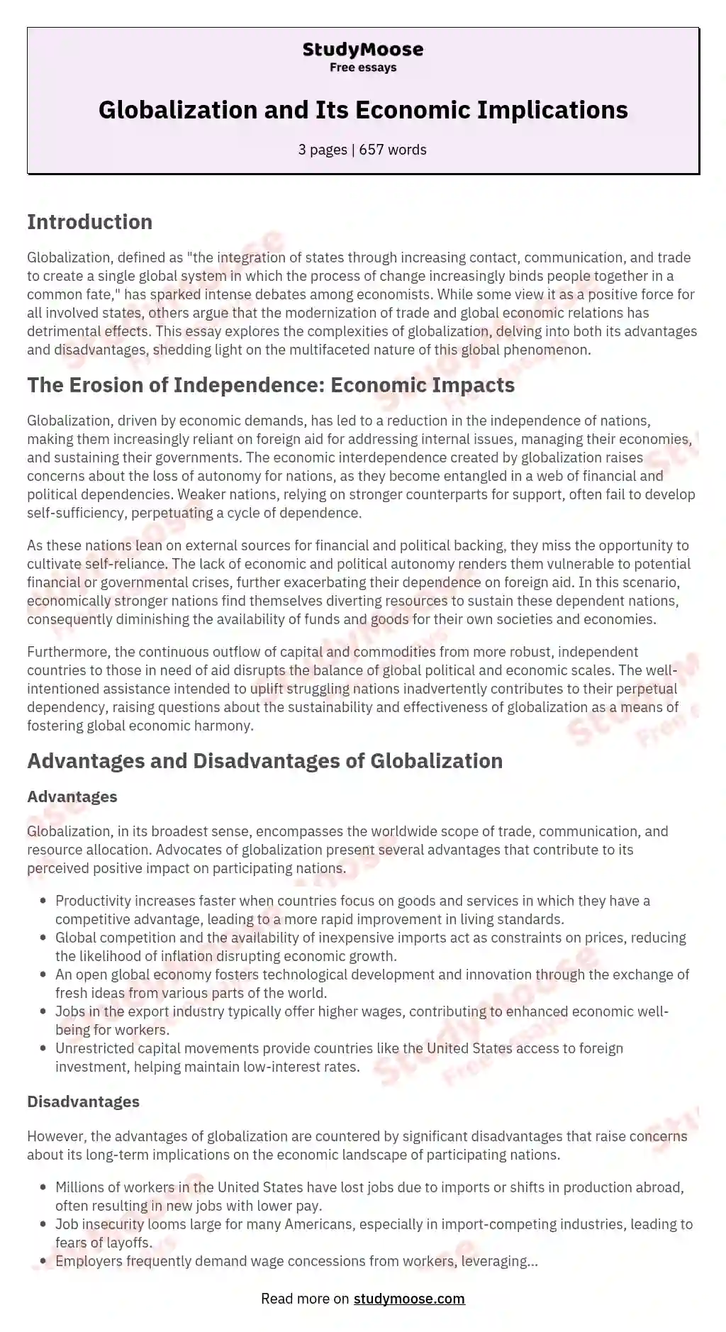 Globalization and Its Economic Implications essay