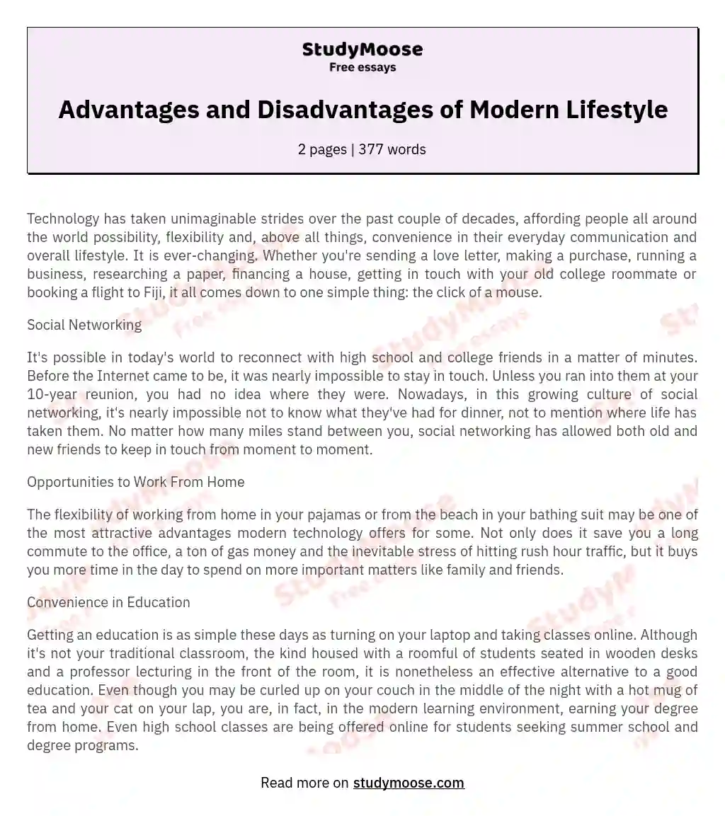 Advantages and Disadvantages of Modern Lifestyle essay