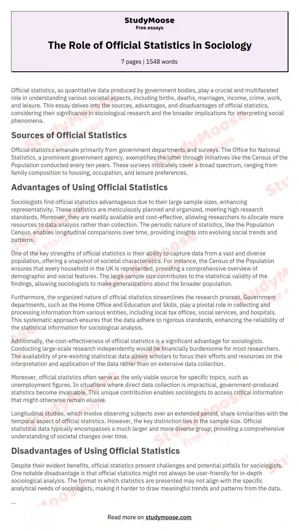 The Role of Official Statistics in Sociology essay