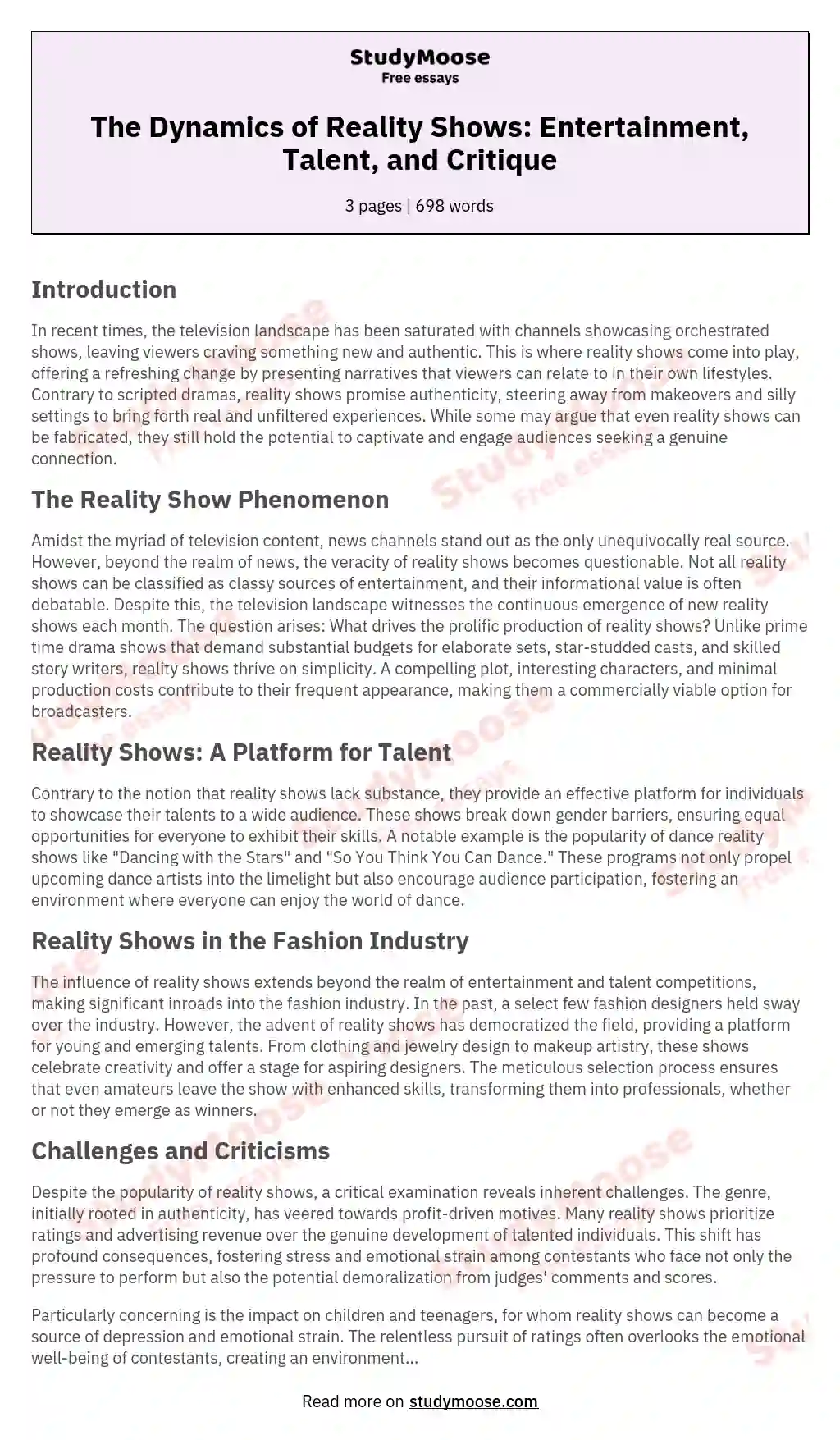 The Dynamics of Reality Shows: Entertainment, Talent, and Critique essay