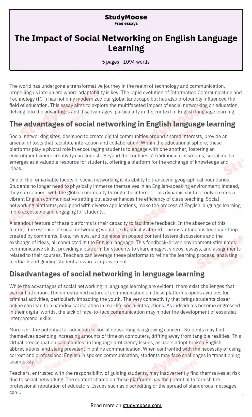 The Impact of Social Networking on English Language Learning essay