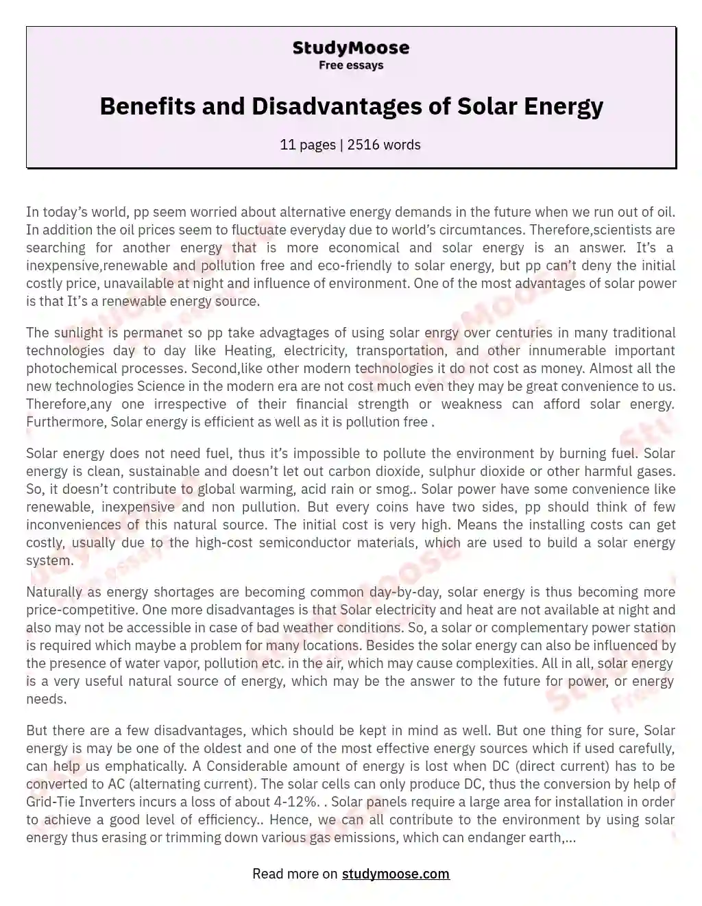 Benefits and Disadvantages of Solar Energy essay