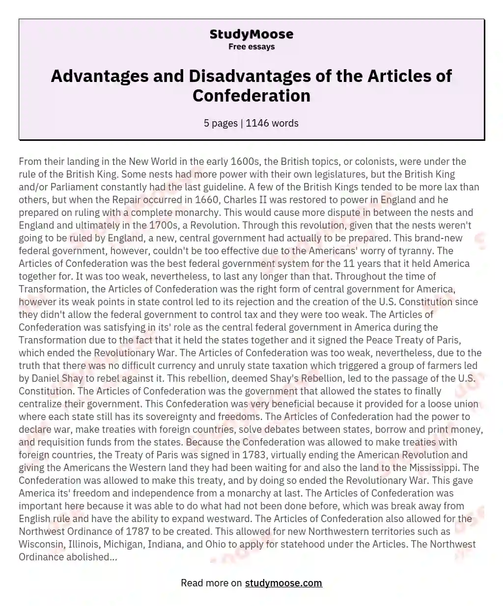 Advantages and Disadvantages of the Articles of Confederation essay