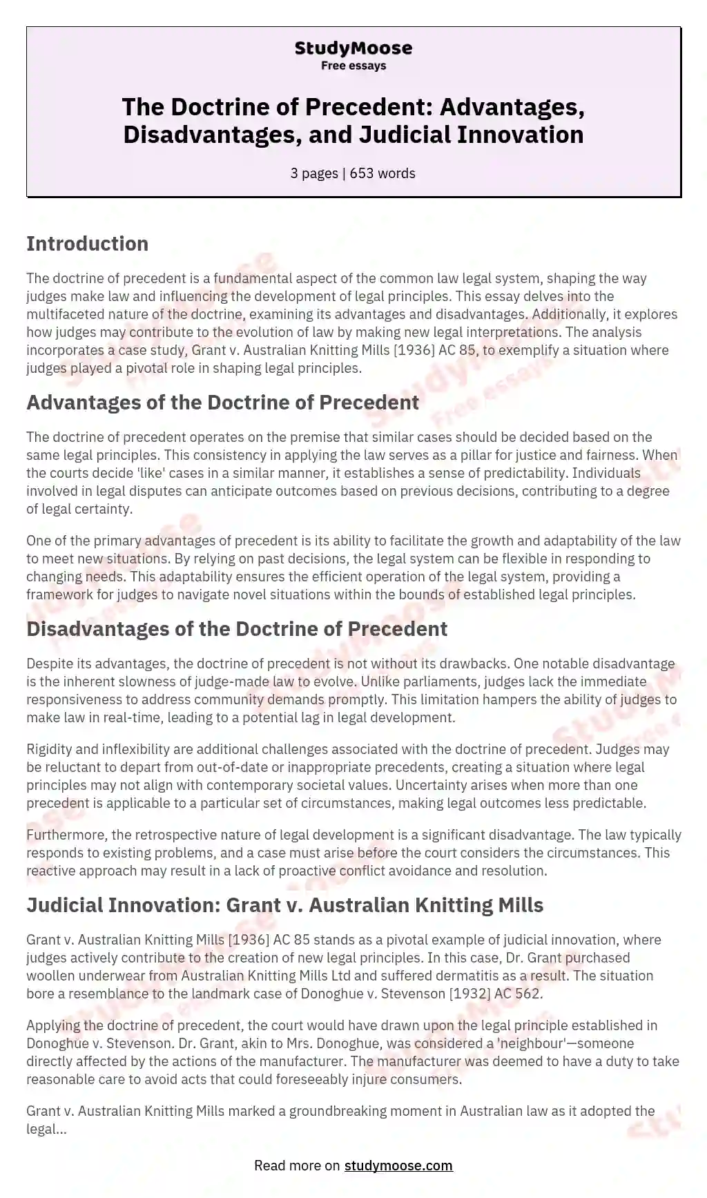 The Doctrine of Precedent: Advantages, Disadvantages, and Judicial Innovation essay