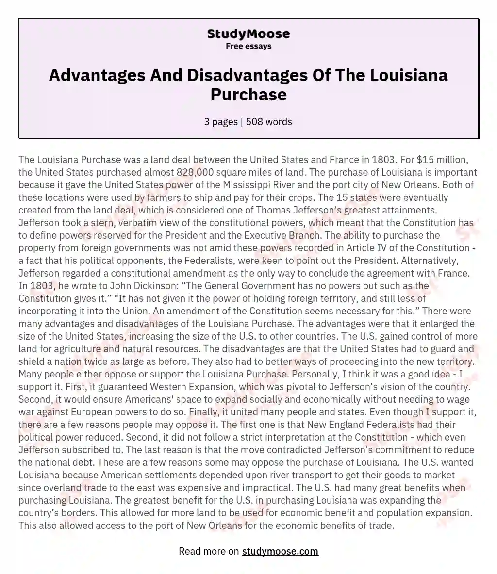 Advantages And Disadvantages Of The Louisiana Purchase essay