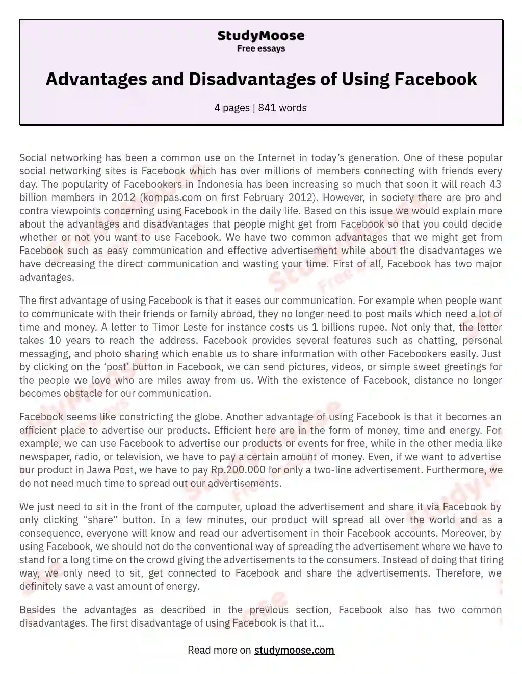 Advantages and Disadvantages of Using Facebook essay