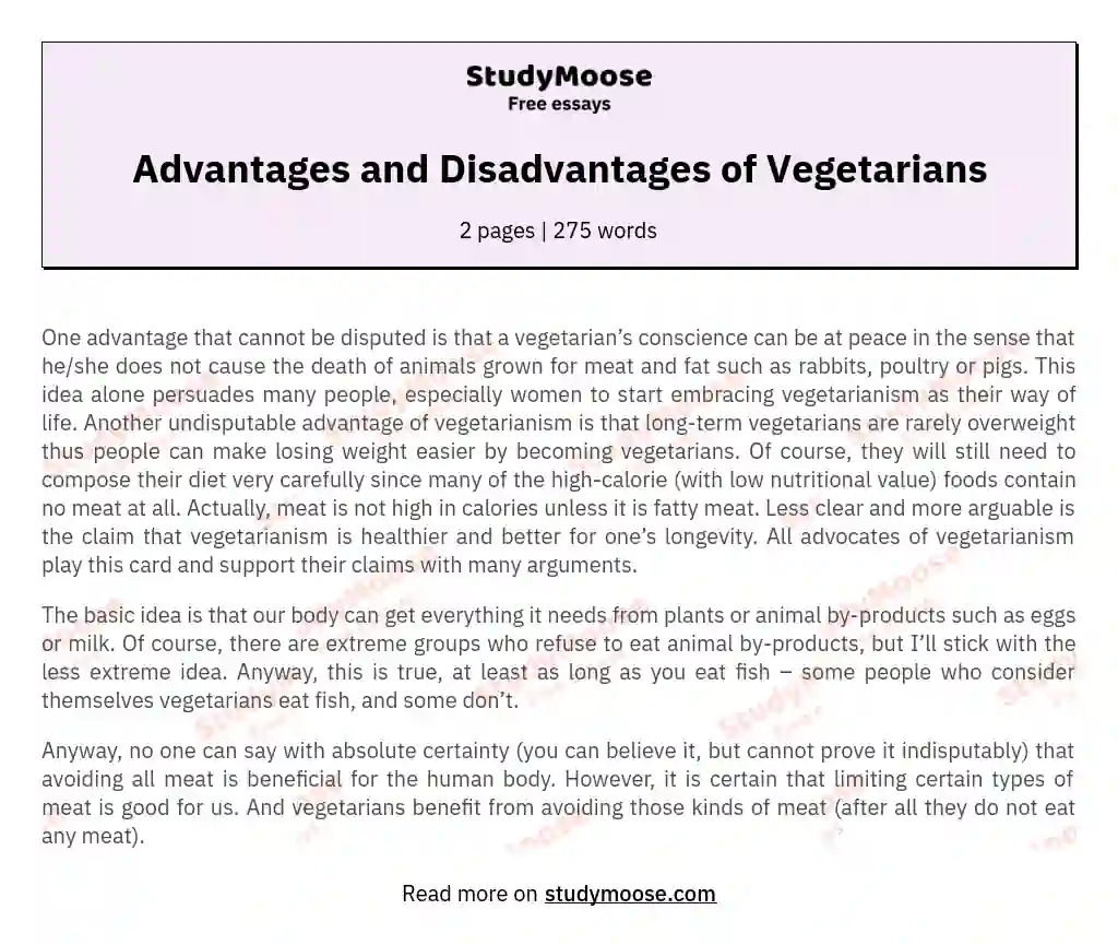 Advantages and Disadvantages of Vegetarians essay
