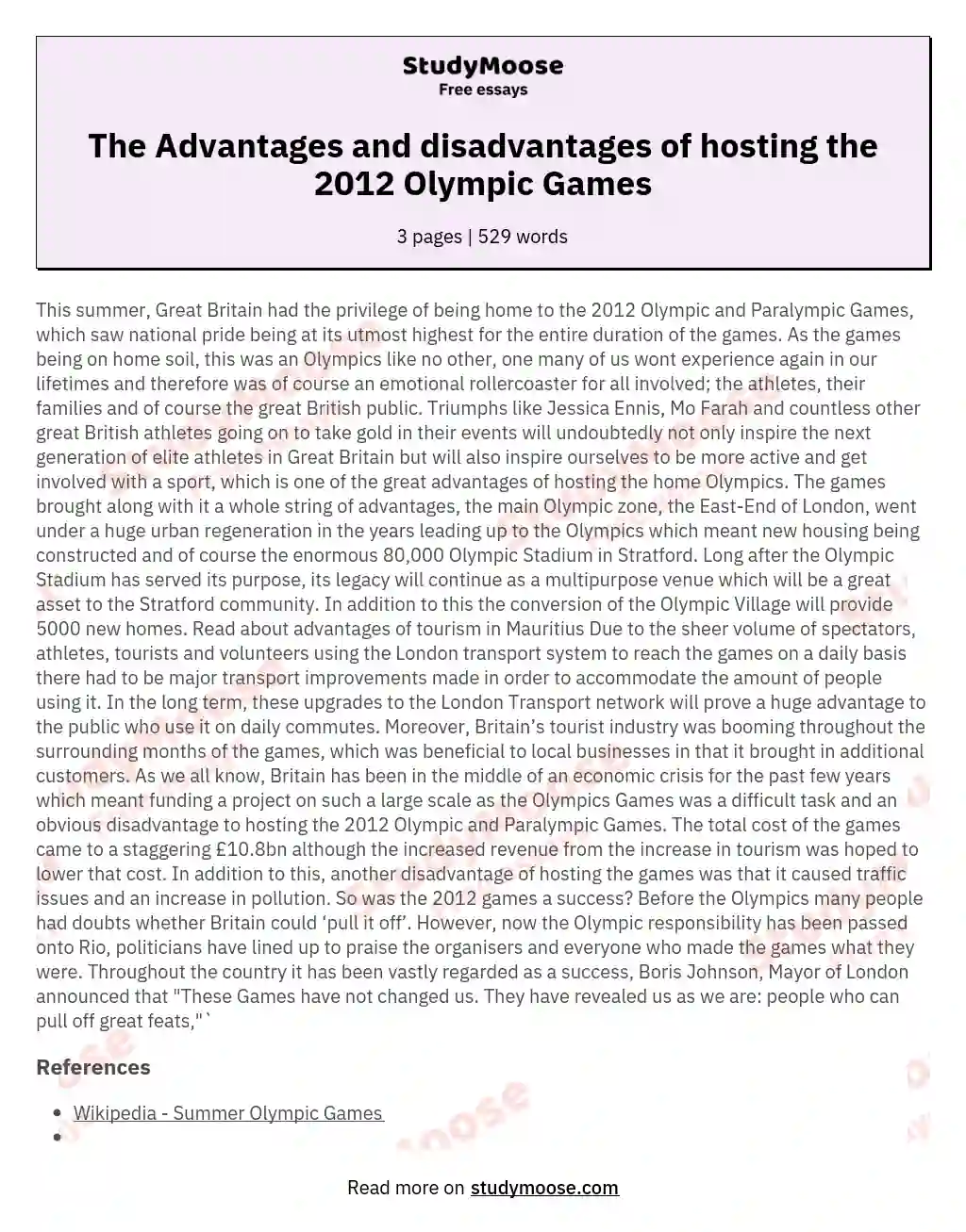 The Advantages and disadvantages of hosting the 2012 Olympic Games essay