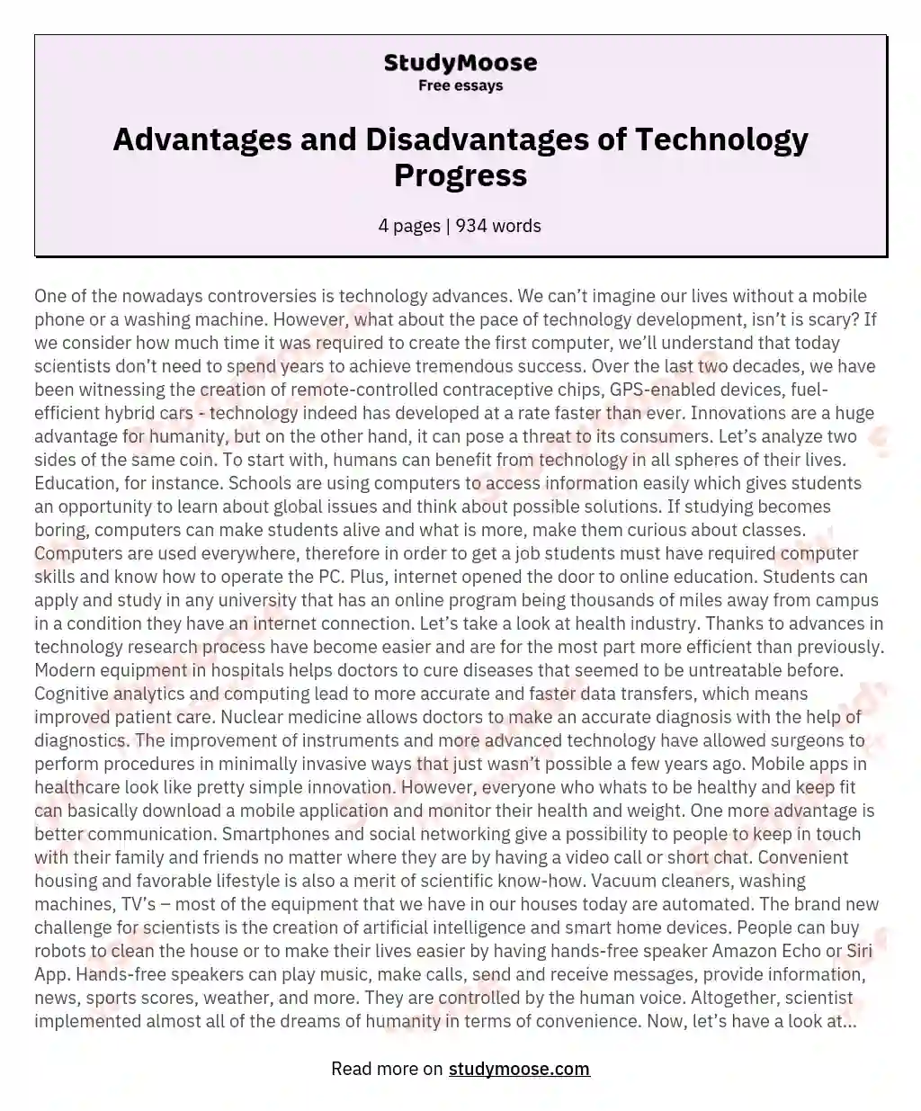 Advantages and Disadvantages of Technology Progress essay