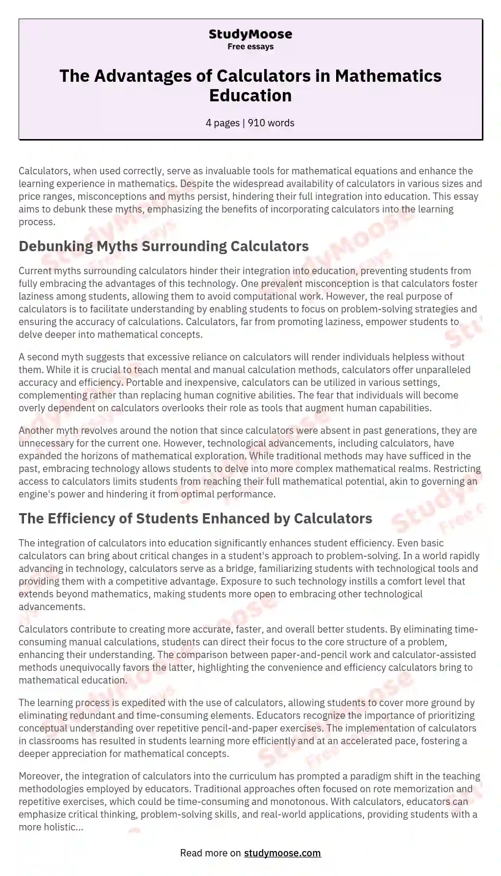 The Advantages of Calculators in Mathematics Education essay