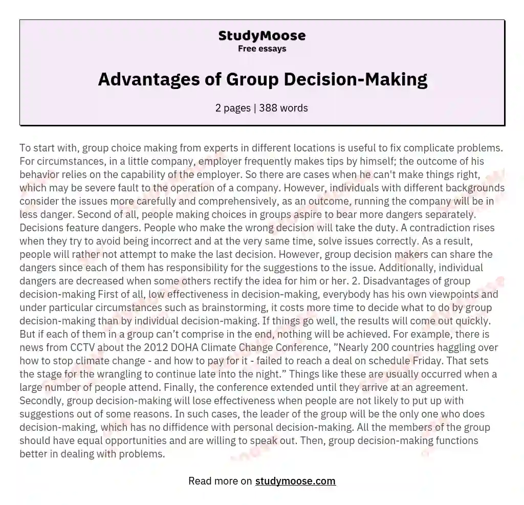 Advantages of Group Decision-Making essay