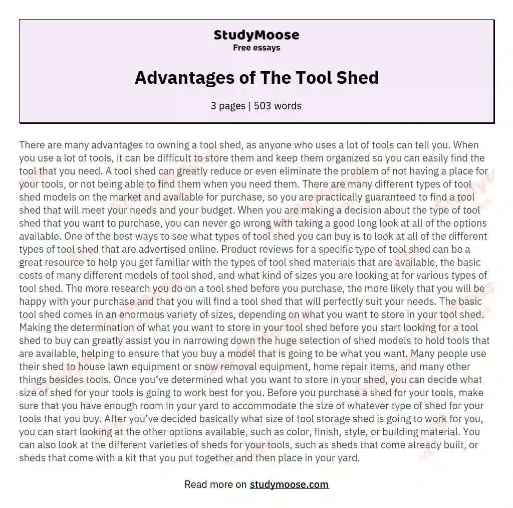 Advantages of The Tool Shed essay