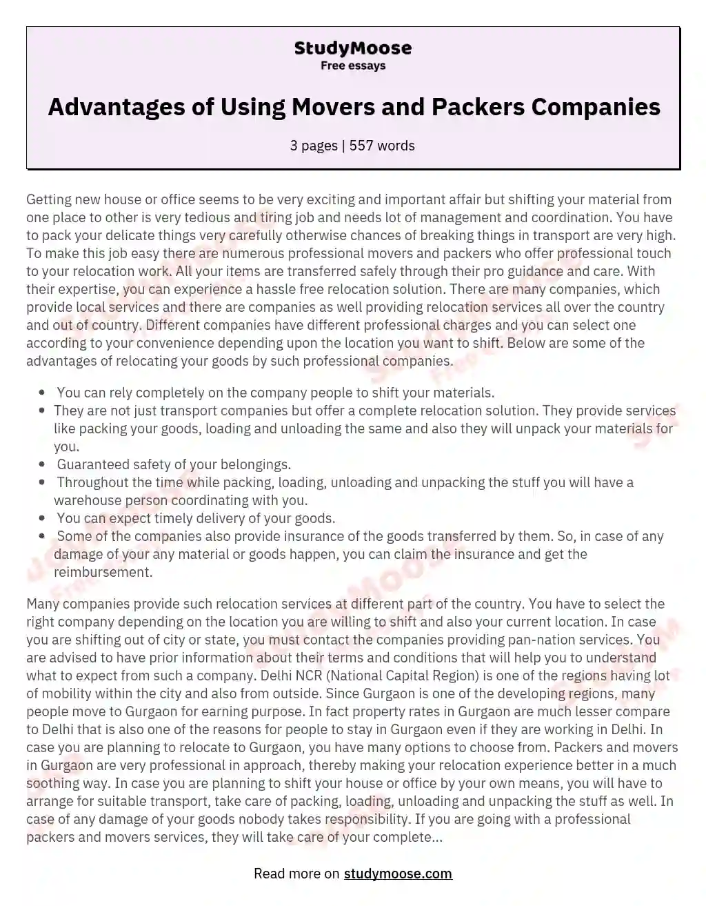 Advantages of Using Movers and Packers Companies essay
