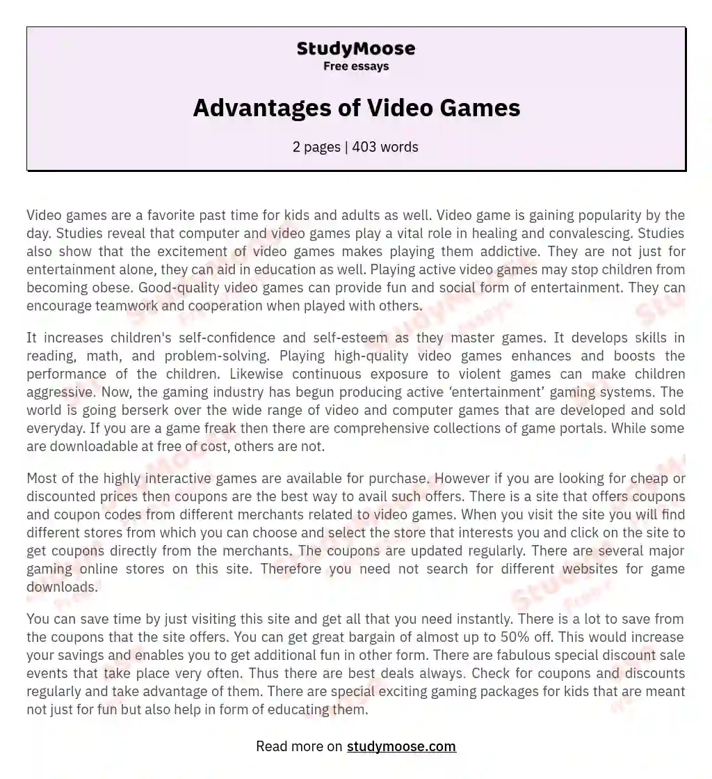 Advantages And Disadvantages Of Video Games Essay: [Essay Example], 1148  words GradesFixer