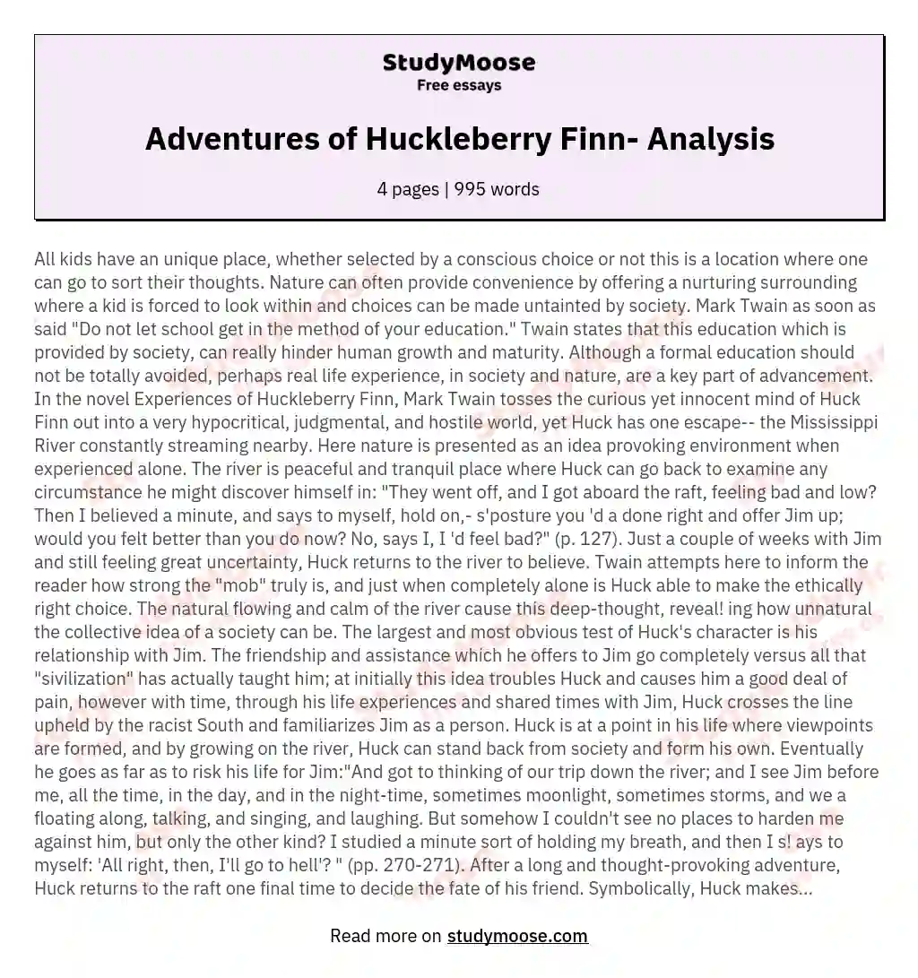 Adventures of Huckleberry Finn- Analysis essay