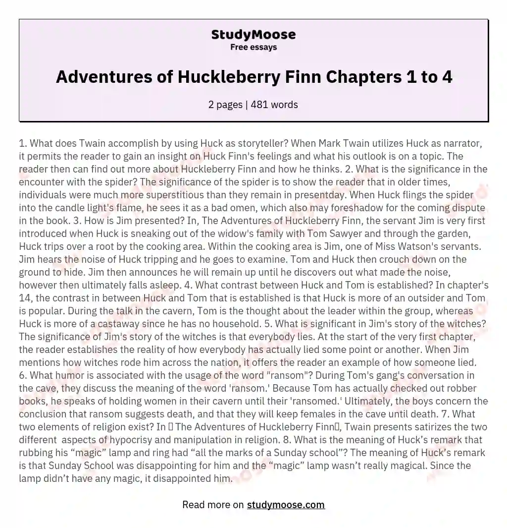 Adventures of Huckleberry Finn Chapters 1 to 4