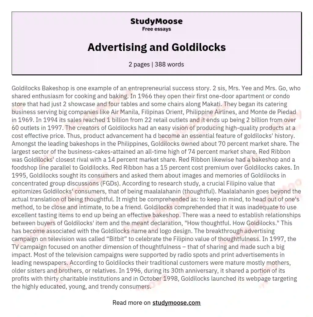 Advertising and Goldilocks essay