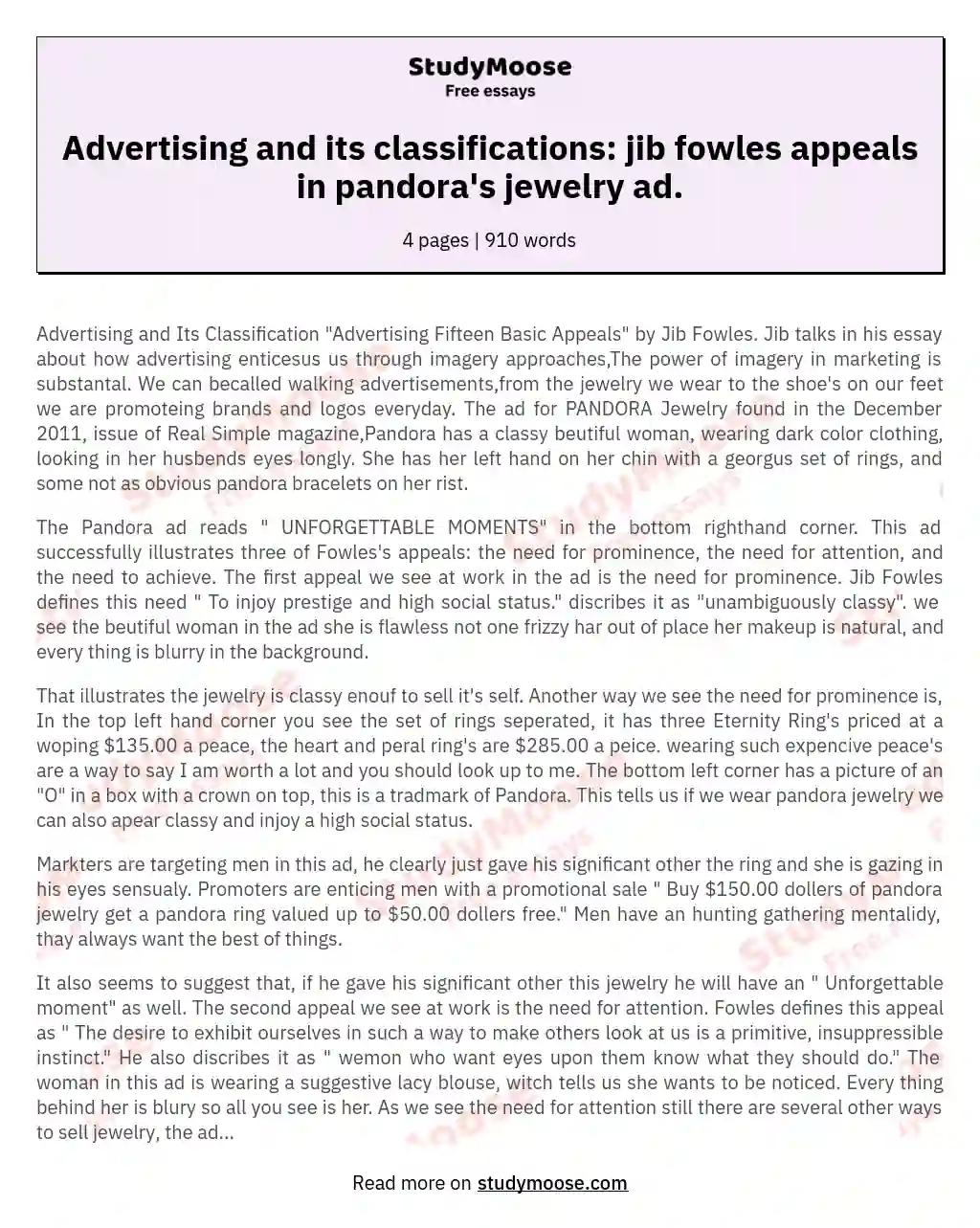 Advertising and its classifications: jib fowles appeals in pandora's jewelry ad. essay