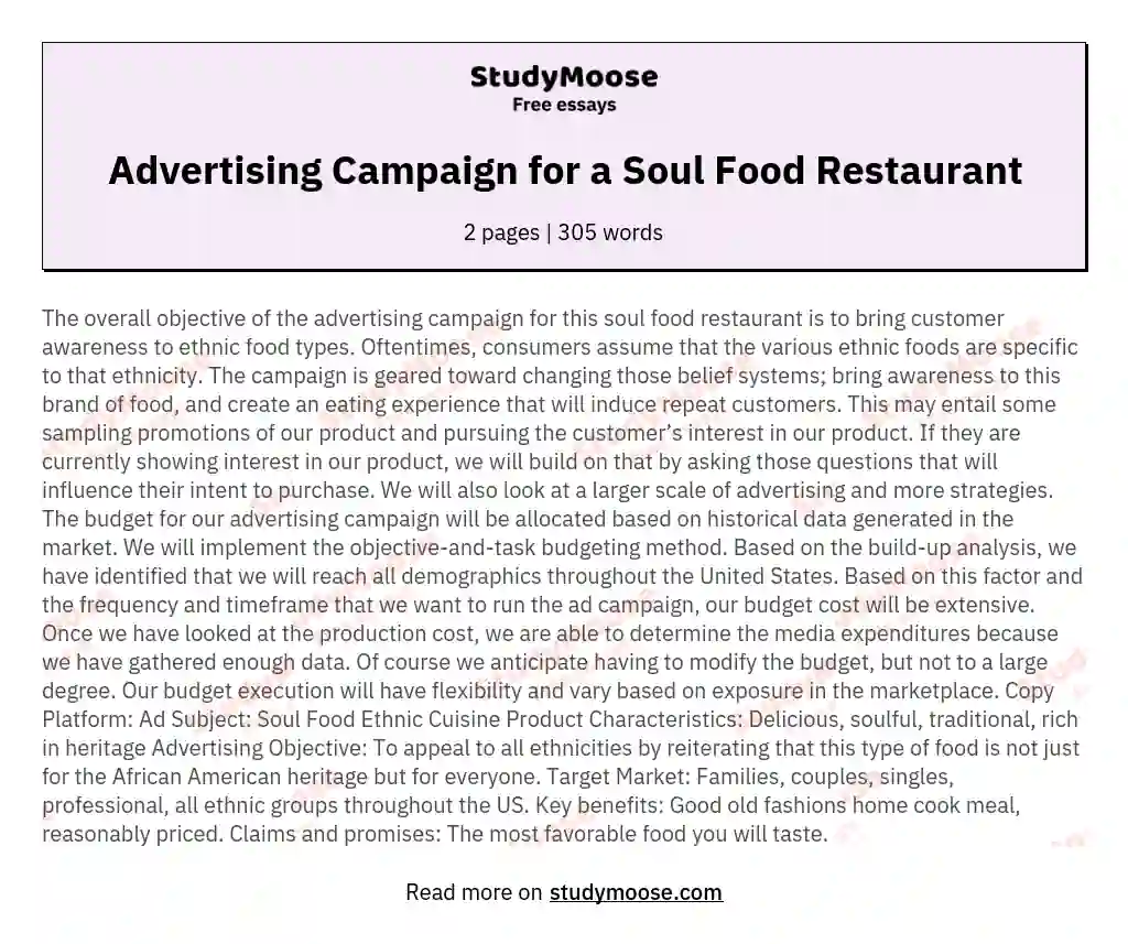 Advertising Campaign for a Soul Food Restaurant essay