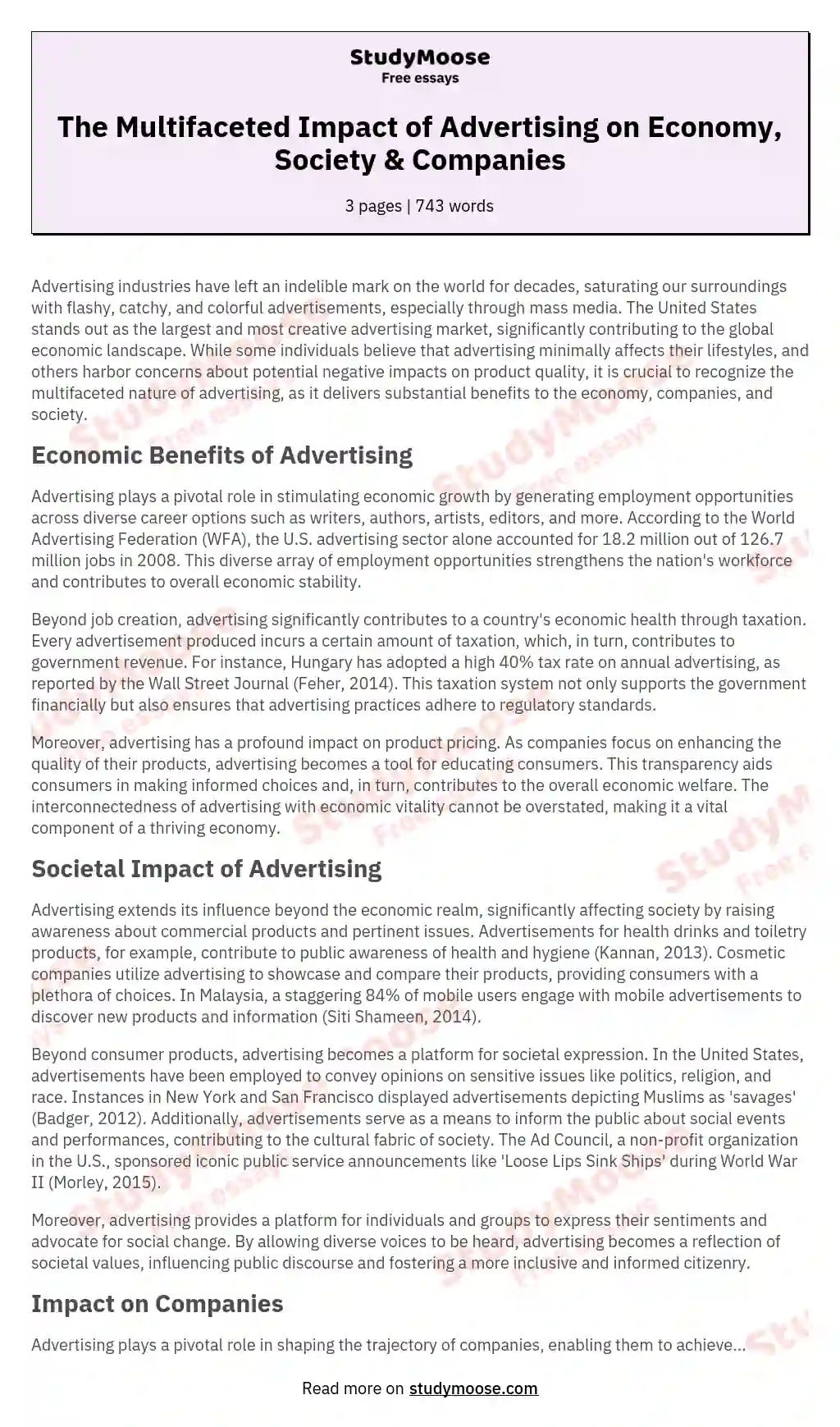 The Multifaceted Impact of Advertising on Economy, Society & Companies essay