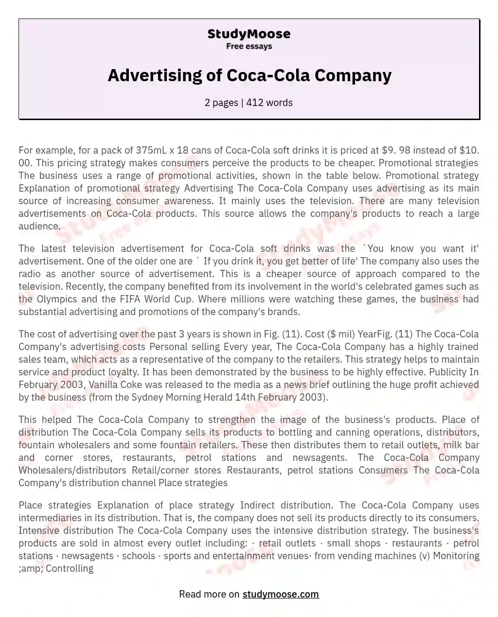 Advertising of Coca-Cola Company essay