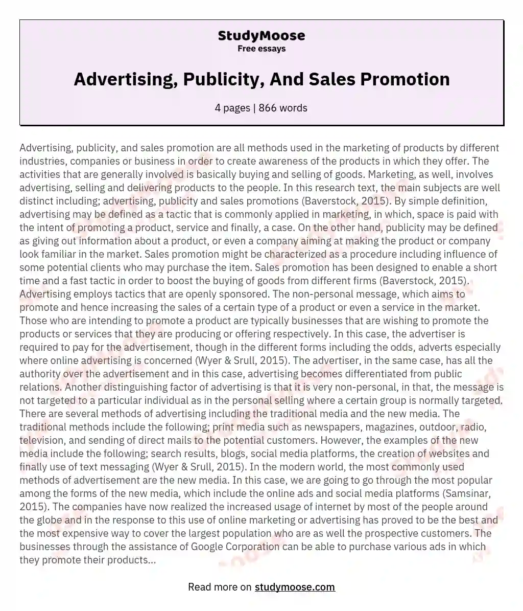Advertising, Publicity, And Sales Promotion essay